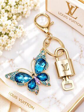 LV Authentic Gold Lock & Key 🔑 Luxury Bag Charm w/ Unbranded Butterfly Keychain